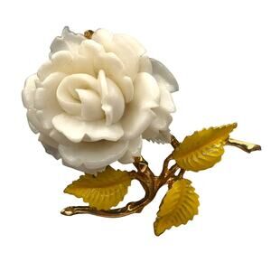 White Acrylic Carved Rose Brooch Gold Tone Enamel Leaf Stem Statement Pin 1970s